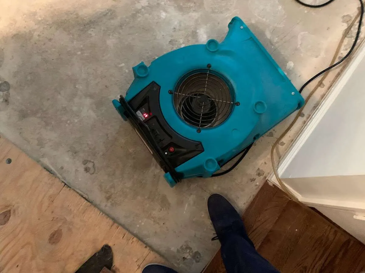 Air mover drying subfloor during Commercial Water Damage Restoration in Walled Lake